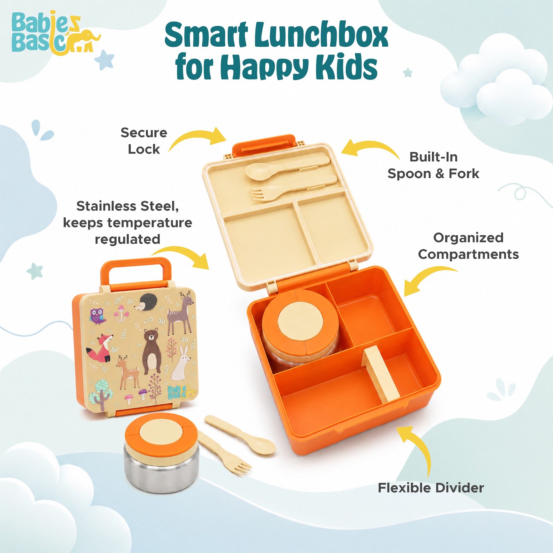 Babies Basic Insulated Bento Lunchbox, Built-in Thermos, Leakproof Compartments, 3+ Years – Beige – Zoo