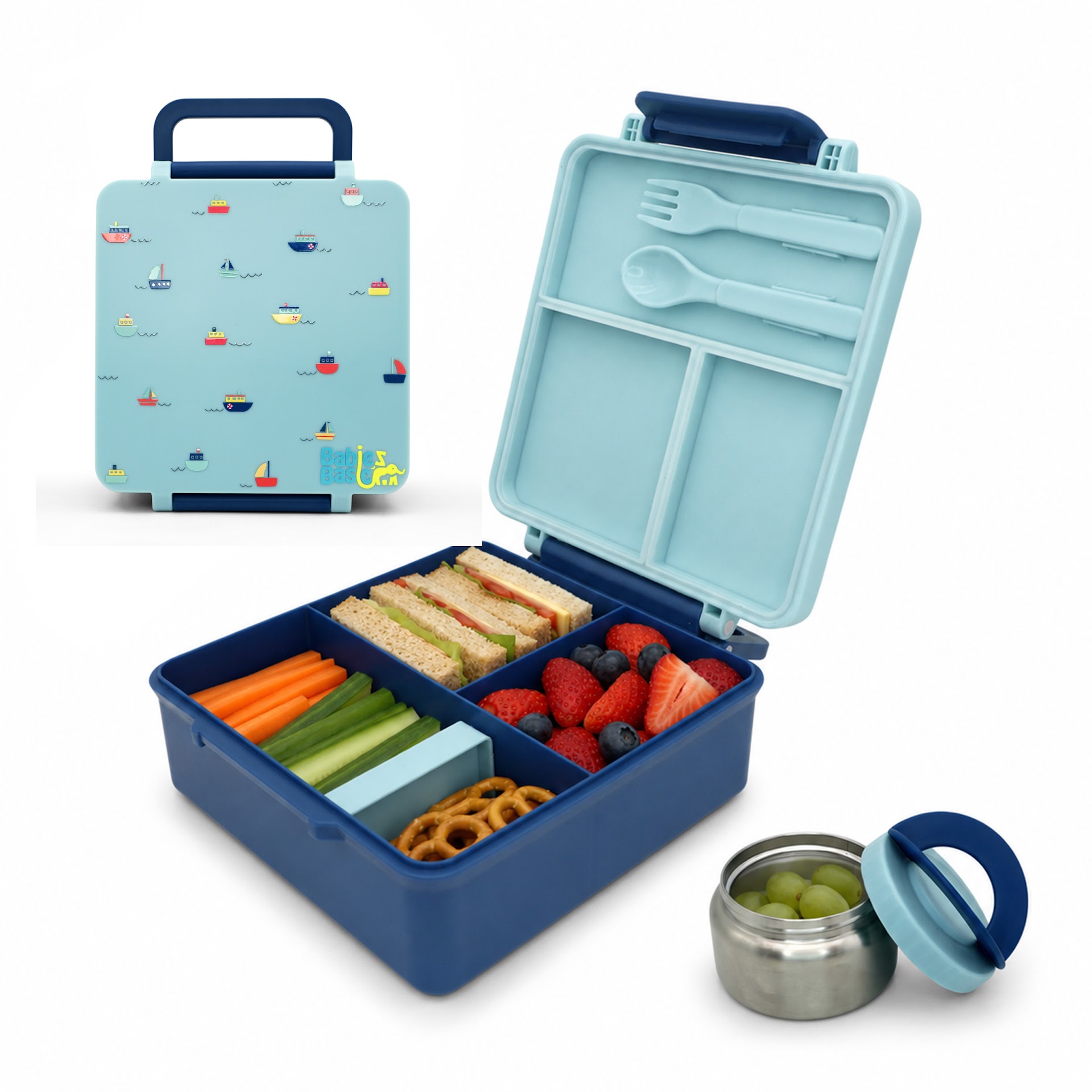 Babies Basic Insulated Bento Lunchbox, Built-in Thermos, Leakproof Compartments, 3+ Years - Blue - Boat