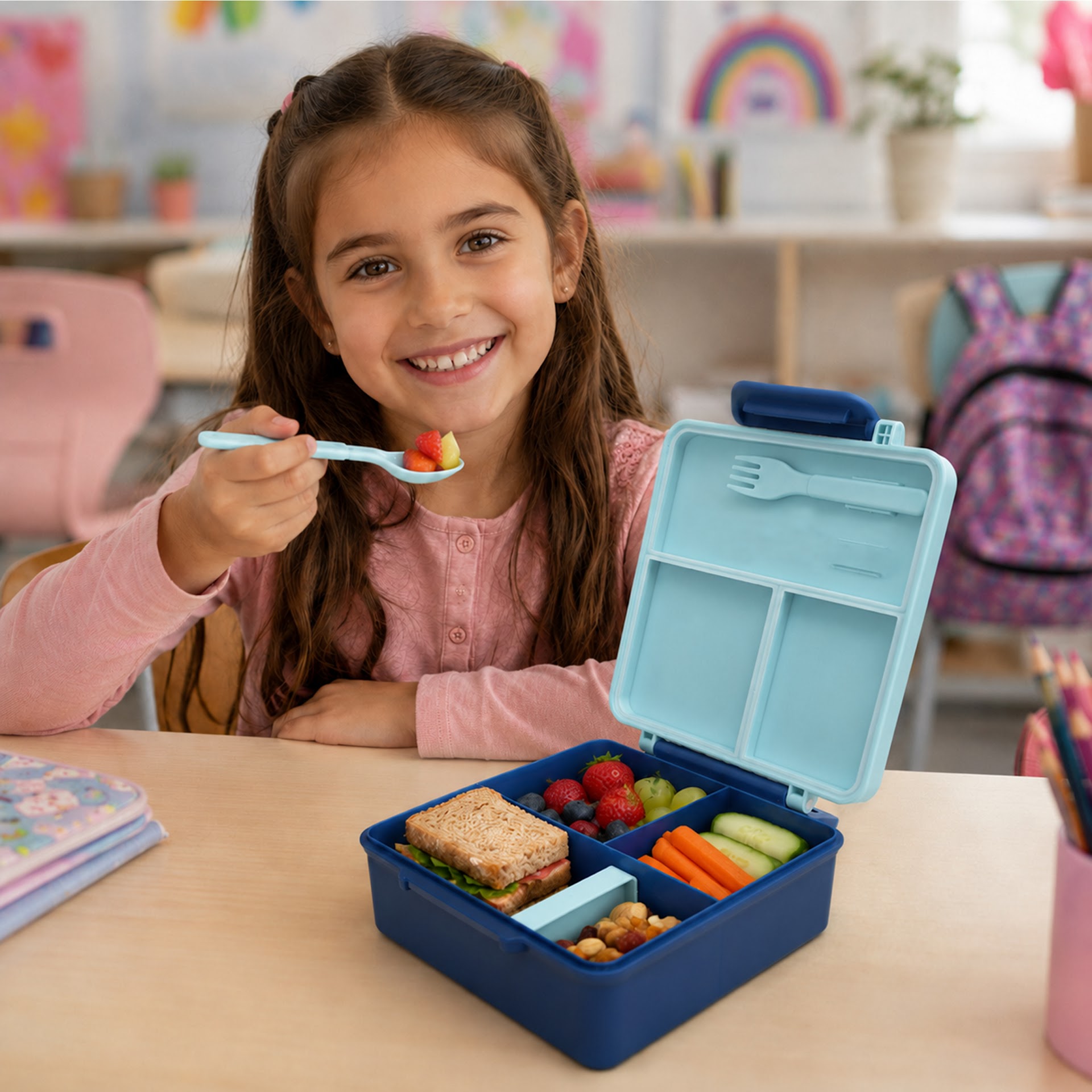 Babies Basic Insulated Bento Lunchbox, Built-in Thermos, Leakproof Compartments, 3+ Years - Blue - Boat