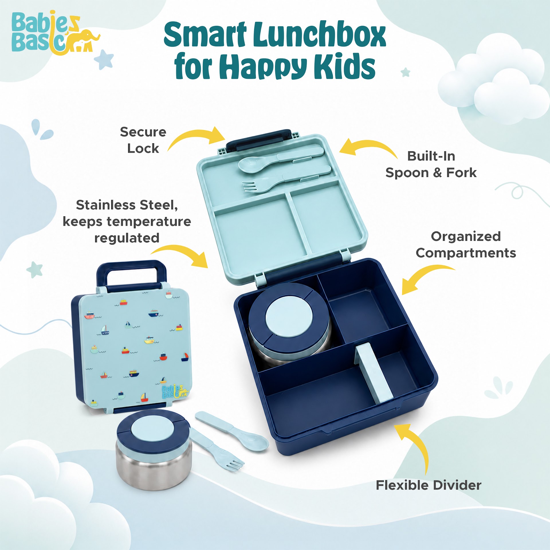 Babies Basic Insulated Bento Lunchbox, Built-in Thermos, Leakproof Compartments, 3+ Years – Blue – Boat