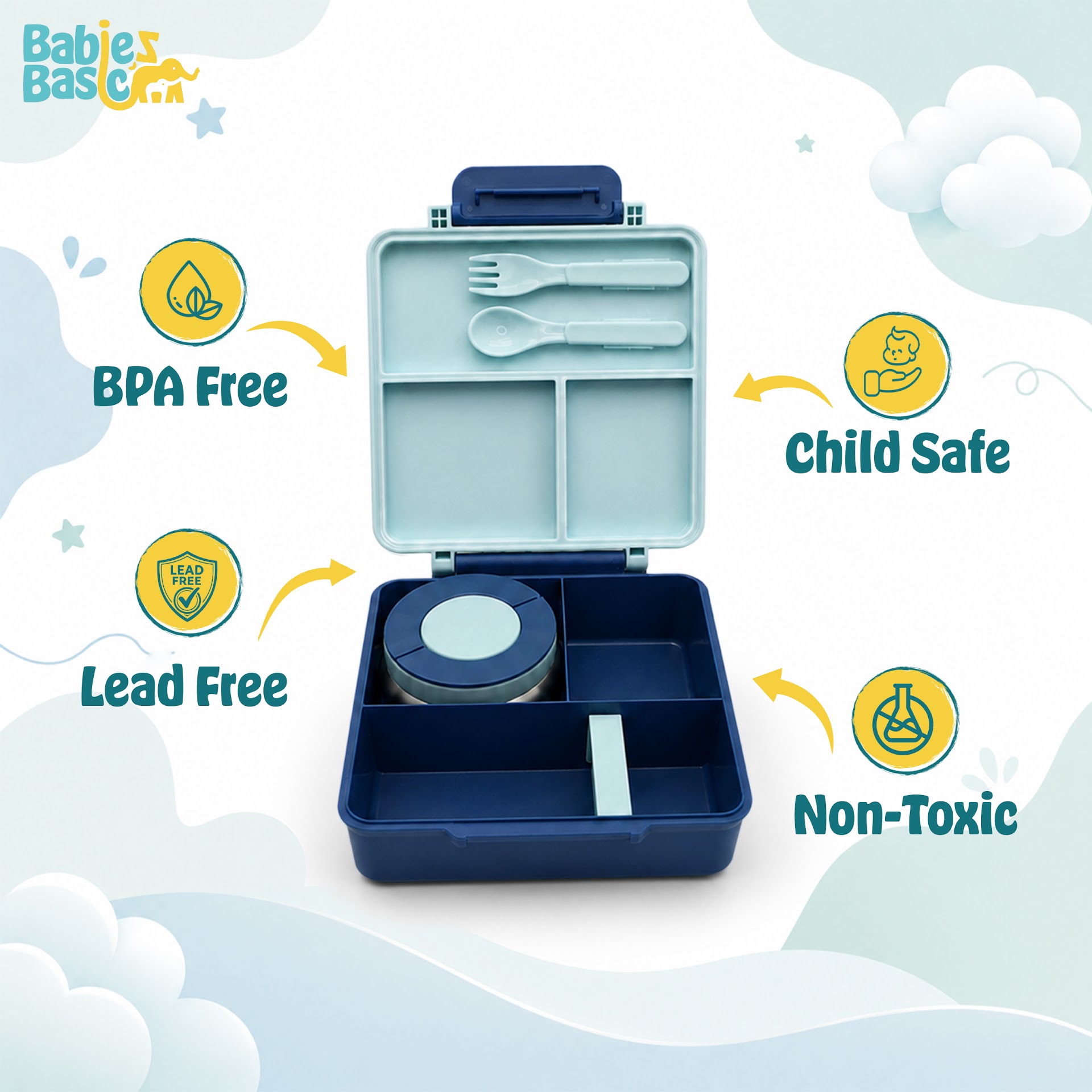 Babies Basic Insulated Bento Lunchbox, Built-in Thermos, Leakproof Compartments, 3+ Years – Blue – Boat